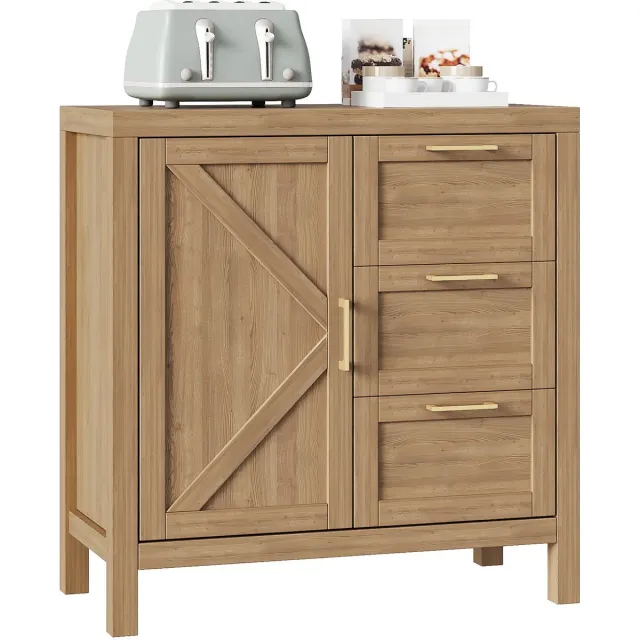 Triumpunpre Buffetkast Met 3 Lades En 1 Deur - Dressoir Met Verstelbaar Binnenblad - Gouden Handgrepen - Voor Eetkamer, Keuken En Entree - 76×40×90cm - Walnoot