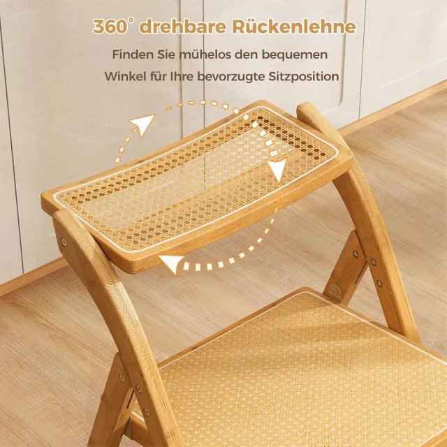 Eetkamerstoelen Set van 2 – Inklapbare Boho Rotan Stoelen met 360° Draaibare Rugleuning – Bamboe Keukenstoelen 56 x 49 x 80 cm – Comfortabele Zithoogte 46 cm – Laura naturel