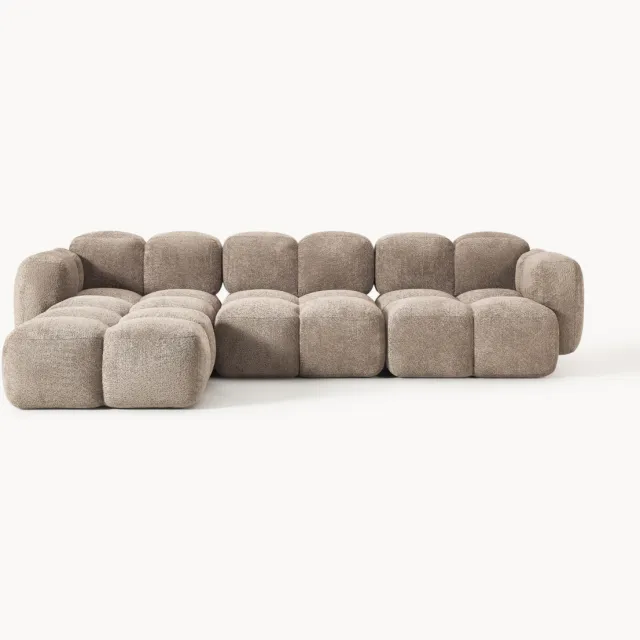 Westwing Collection Modulaire bank Tayla (4-zits) van teddy bouclé met poef (links/rechts) taupe