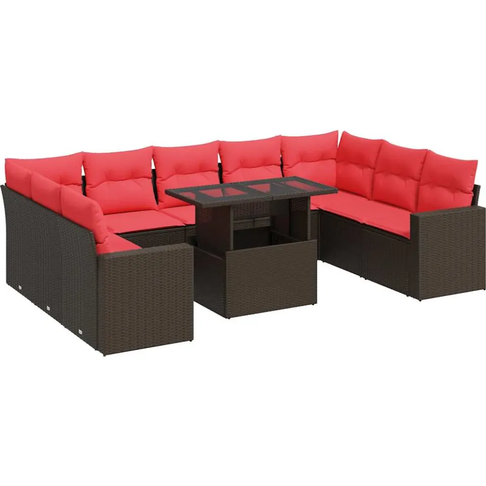 vidaXL 10-delige tuinbankset met kussens, bruin polyrotan en acacia, foto 3
