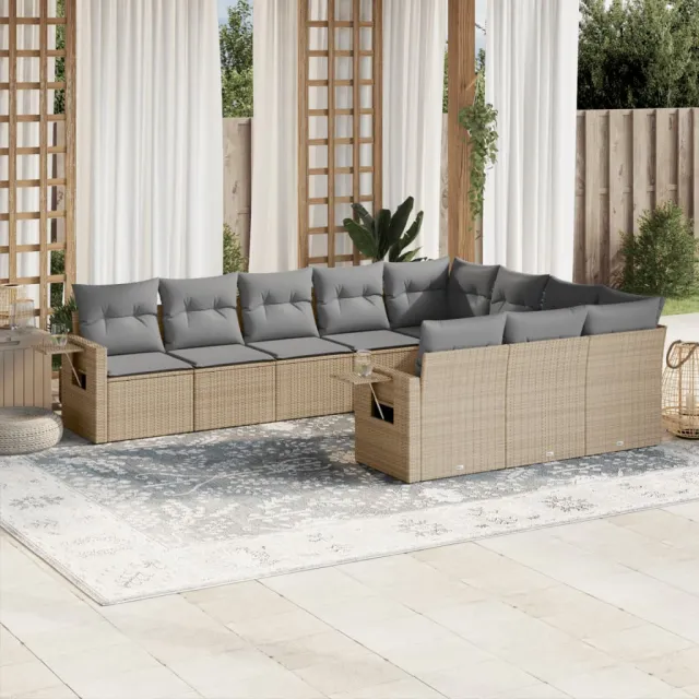 vidaXL 10-delige Loungeset met kussens poly rattan beige, foto 2
