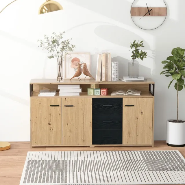 MEUNIQ Industrieel dressoir 150 x 35 x 75,9 cm met 3 deuren, 3 lades, open vakken en verstelbare planken voor woonkamer, eetkamer of kantoor Zwart