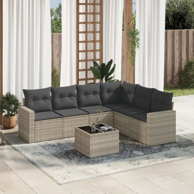 vidaXL 7-delige Loungeset met kussens poly rattan lichtgrijs grijs, foto 2