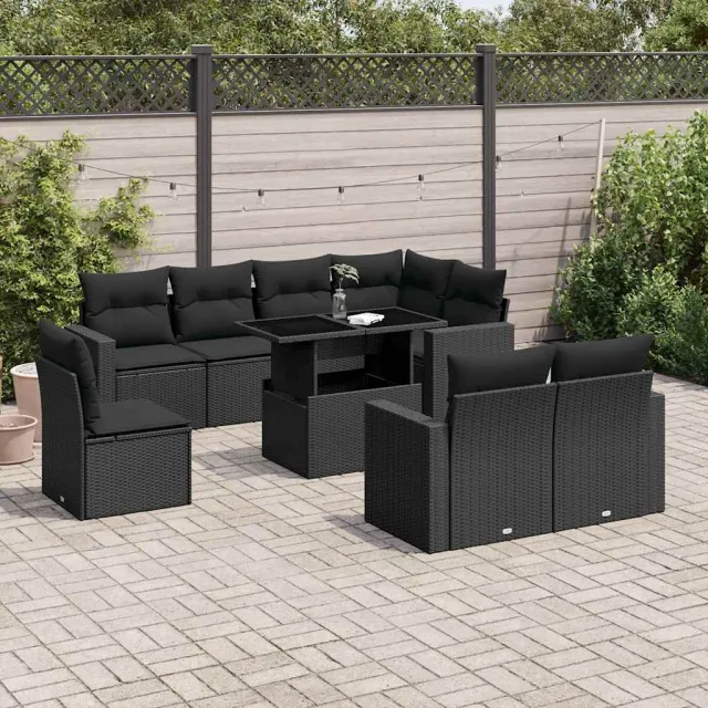 vidaXL 9-delige Loungeset met kussens poly rattan zwart, foto 2