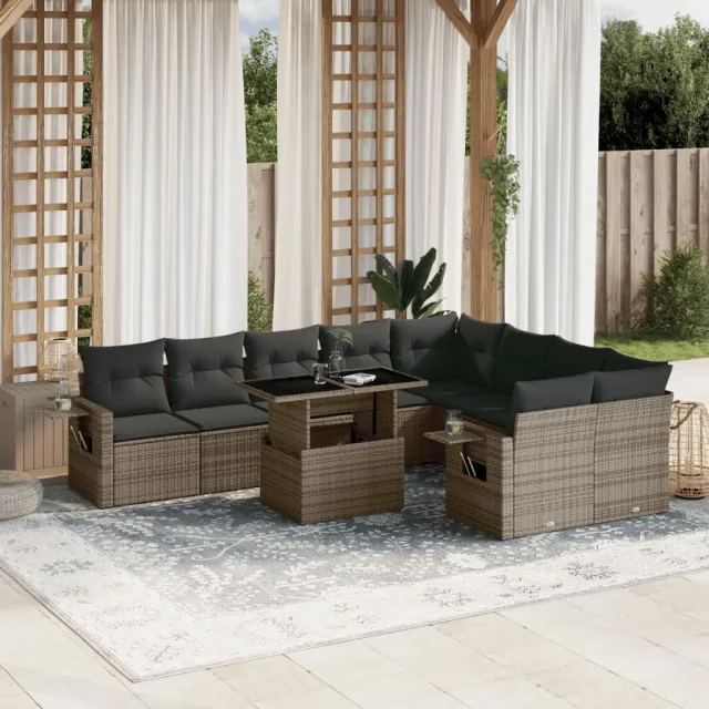 vidaXL 10-delige Loungeset met kussens poly rattan grijs, foto 2