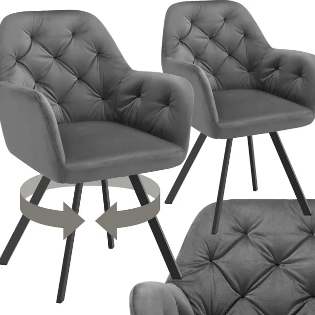 Tectake Draaistoel Fluweellook – Eetkamerstoel met Armleuningen – Ergonomische Zitting en Rugleuning – 180° Draaibaar – Moderne Stalen Poten – Set van 2 – Antraciet