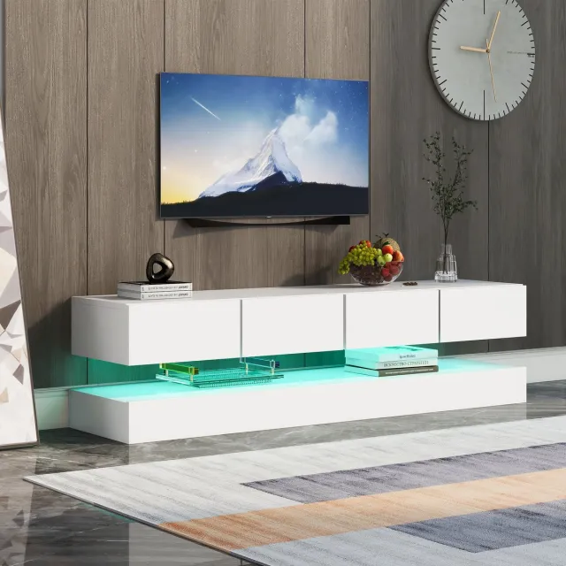 Clruro Zwevend TV Meubel - 130x33x15 cm - Met LED Verlichting - 4 Lades en 2 Kasten - Voor 55 Inch - Wit