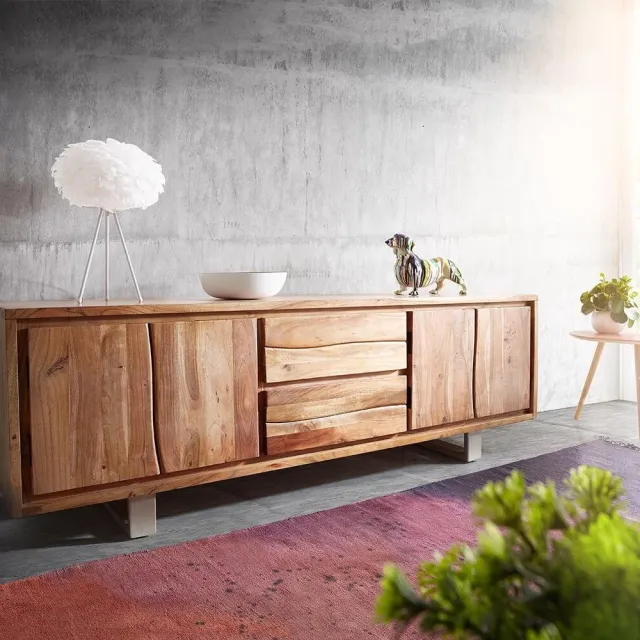 DELIFE TV-kastje Live-Edge Acacia natuur 200 cm 4 deuren 2 laden boomrand TV-meubel Bruin