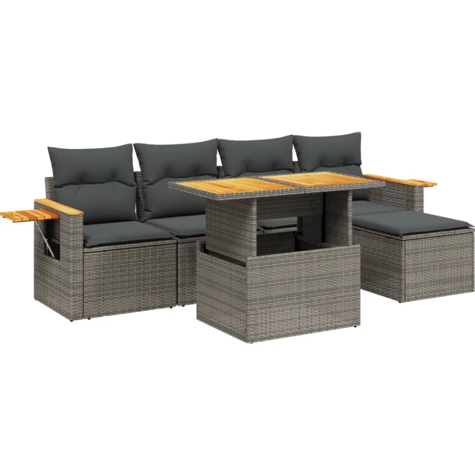 vidaXL 6-delige Loungeset met kussens poly rattan grijs, foto 3