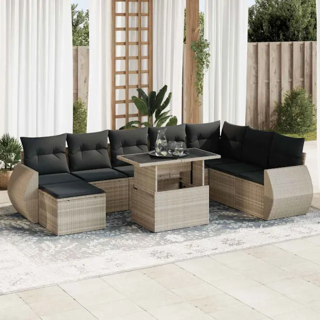 vidaXL 9-delige Loungeset met kussens poly rattan lichtgrijs grijs, foto 2