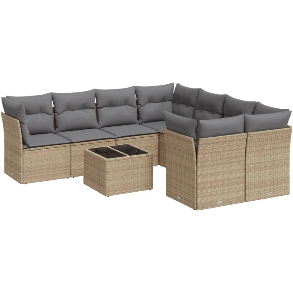 vidaXL 9-delige Loungeset met kussens poly rattan beige