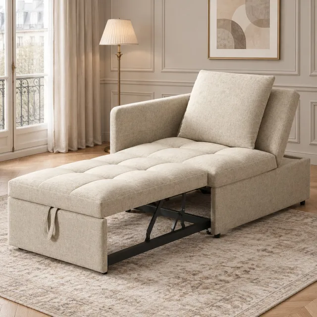 WUVRIE Slaapbank 3-in-1 177x68x65 cm - 5-voudig verstelbare rugleuning - Linnen bekleding - Beige