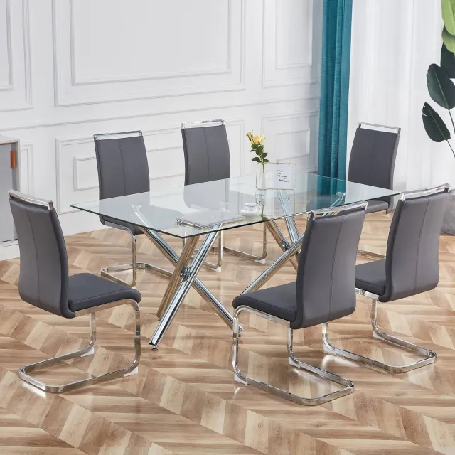 Maisentiel Eetkamerstoelen set van 4 - grijs kunstleer - verchroomd metalen sledeframe