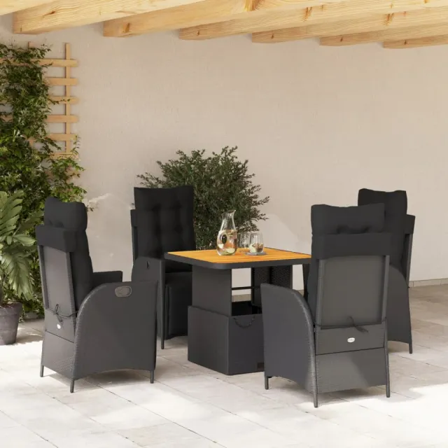 vidaXL 5-delige Tuinset met kussens poly rattan zwart