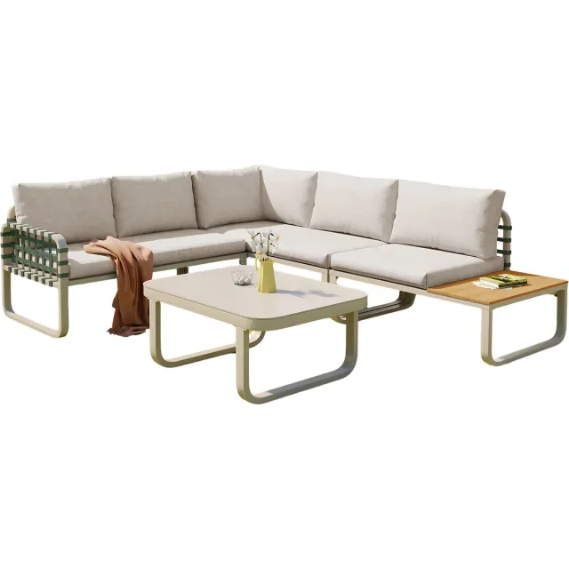 Happiq Tuinmeubelset - Loungeset - Tuinlounge Lounge Set - 4-5 Zits Lounge Set - Groen Leder & Rotan - Met Comfortabele Kussens voor Buiten Beige