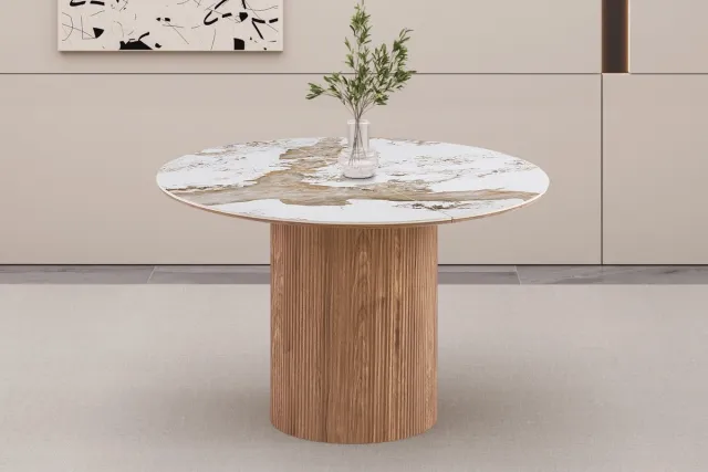 Rousseau Evoria – Uitschuifbare Eettafel – 120-160-200 x 120 cm – marmerlook goudbruin