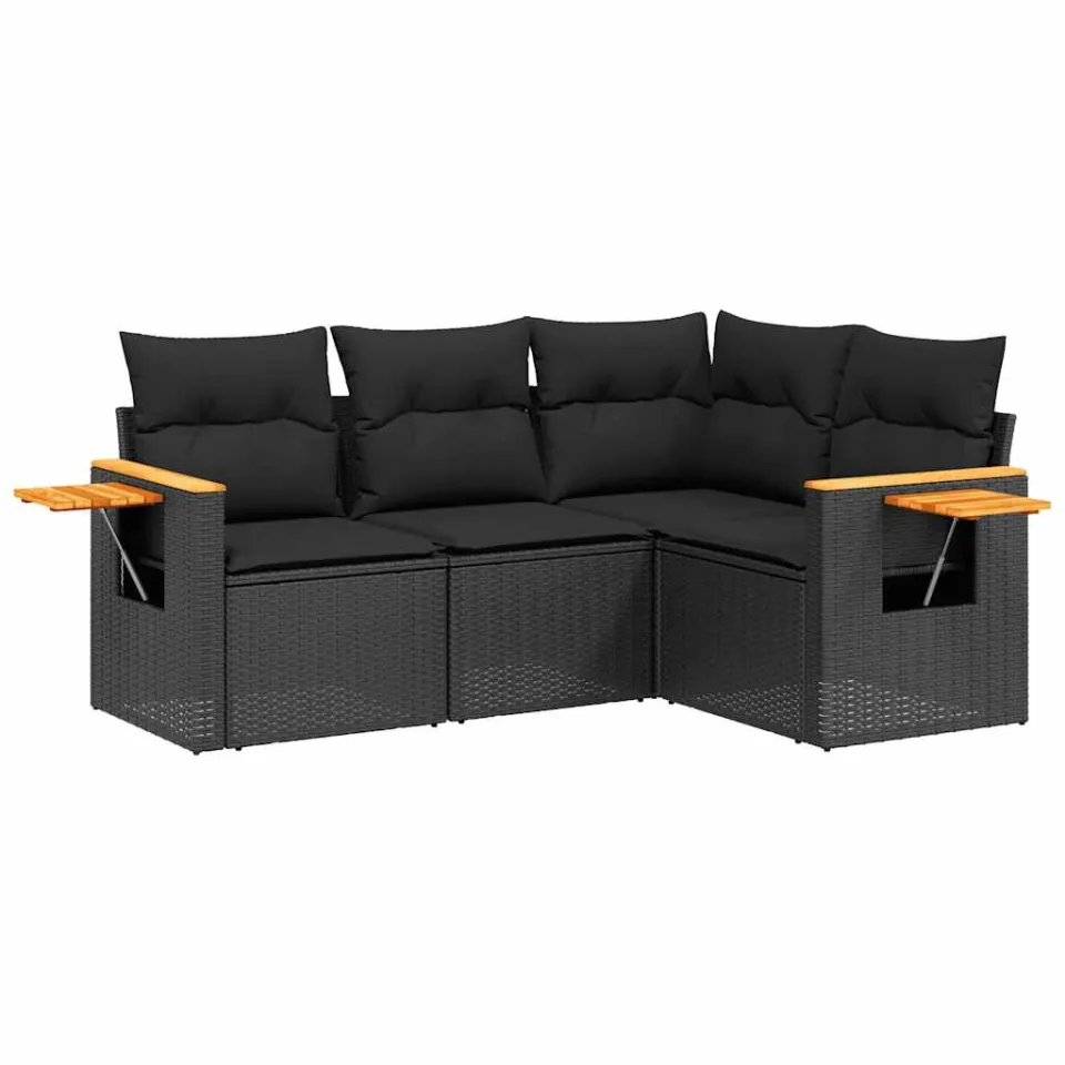 vidaXL 4-delige Loungeset met kussens poly rattan zwart, foto 3