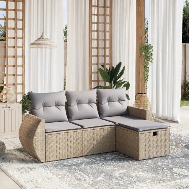 vidaXL 4-delige Loungeset met kussens poly rattan gemengd beige, foto 2