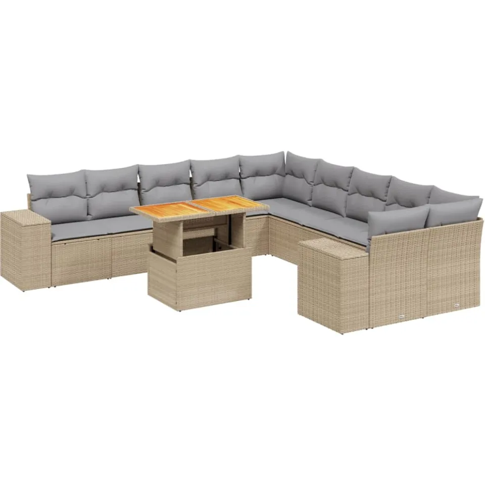 vidaXL 11-delige Tuinset met kussens poly rattan beige, foto 3