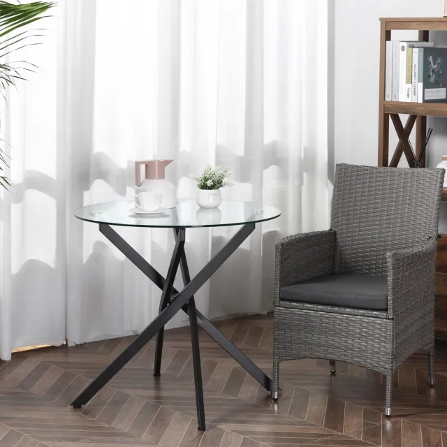 MEUNIQ ronde salontafel 80 x 80 x 75 cm met gehard glazen tafelblad en zwart metalen kruisframe, bijzettafel voor woonkamer, balkon of werkruimte