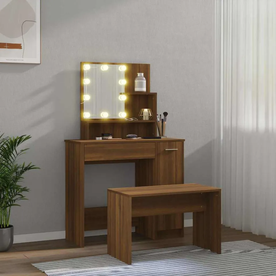 vidaXL Kaptafelset met LED-verlichting bewerkt hout bruin eikenkleur, foto 3