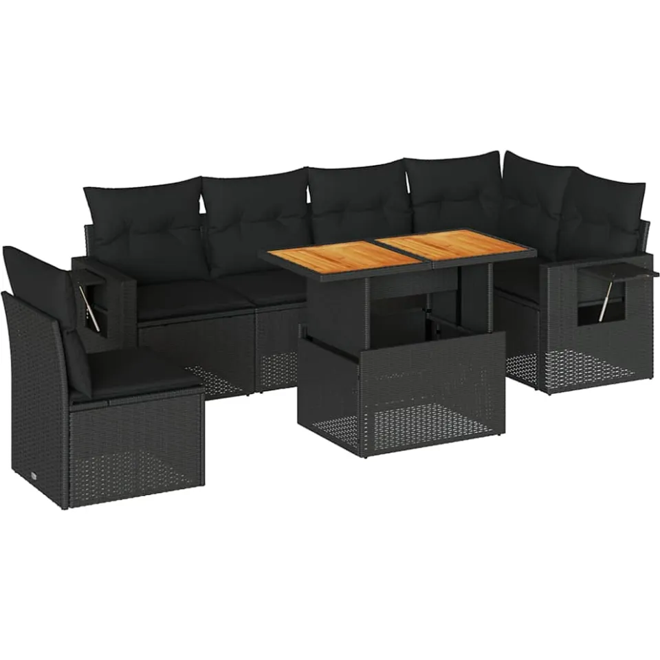 vidaXL 7-delige Loungeset met kussens poly rattan zwart, foto 3