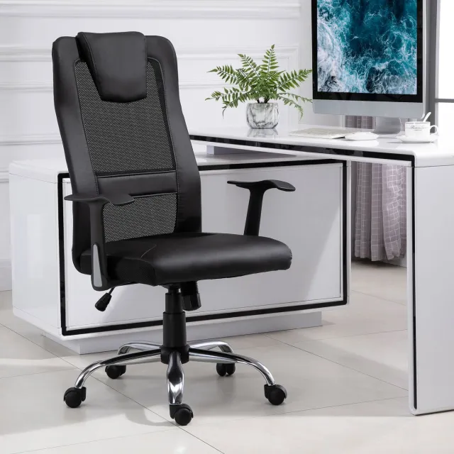 OKWISH Bureaustoel 66 X 73 X 108 118 Cm - Ergonomische S Rugleuning Met Wipfunctie - In Hoogte Verstelbaar - Bonded Leer - Zwart