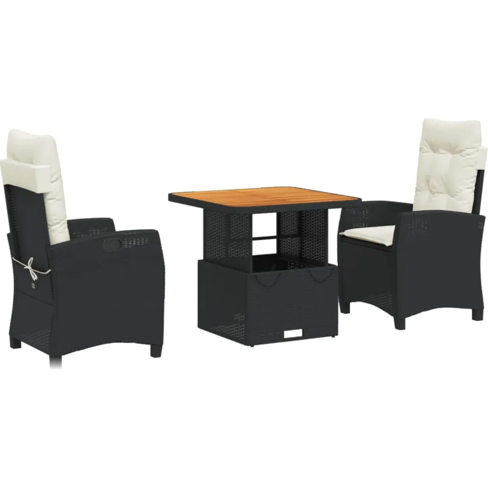 vidaXL 3-delige Tuinset met kussens poly rattan zwart