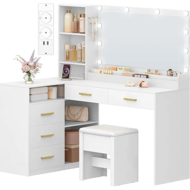 HILINSIE Kaptafel - Make up Tafel - Kaptafel met Spiegel en Verlichting - Hoek Kaptafel met Kruk - Instelbare Helderheid - Stekkerdoos - 5 Lades - Wit - 40 × 120 × 139 cm - Meerdere Open Vakken