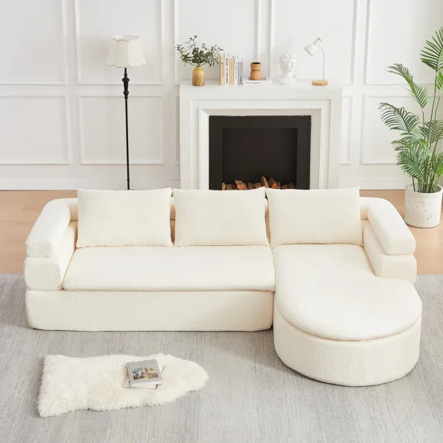 COVREO Hoekbank met chaise longue – 260x170x65 cm – 3-zits zitmeubel met chenille bekleding – Voor woonkamer en kantoor – Beige