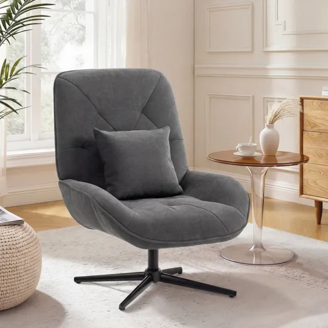 REDOM Fauteuil - Draaibaar - Chenille bekleding met lendenkussen - Hoge rugleuning - Met armleuningen - Metalen kruisvoet - Donkergrijs - 72 x 92 x 96 cm