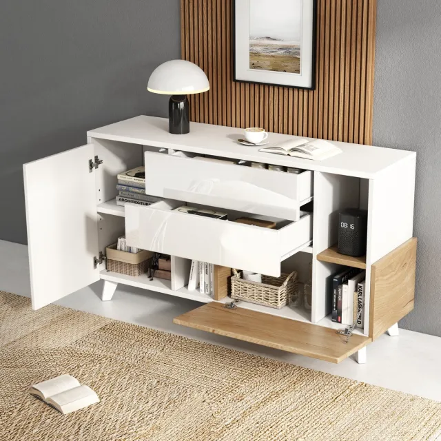 Wishdor Dressoir - wit hoogglans met 2 lades, deuren en open vakken - Scandinavisch - voor woonkamer of eetkamer - houtlook bewerkt hout - wit licht eiken - 130 cm