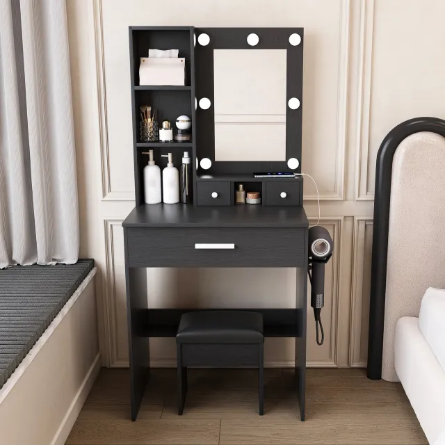 DantefHandels Compacte kaptafel set met spiegel en verstelbare led-verlichting, stopcontact, zwart, B60/H131.5/T38cm