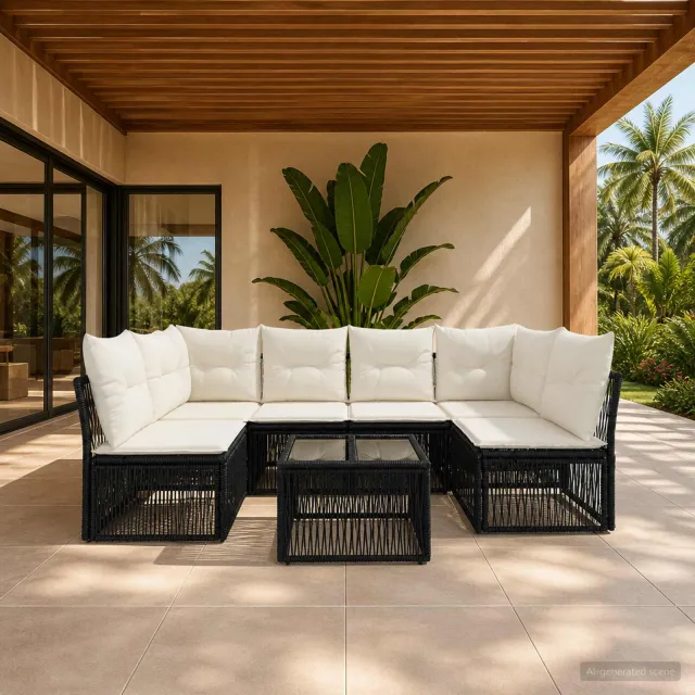 vidaXL Tuinbankenset 7 st 6-zits Zwart poly rattan