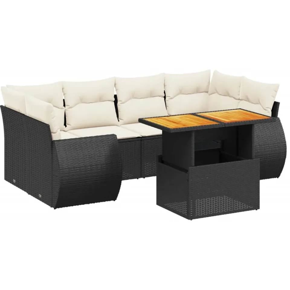 vidaXL 7-delige Loungeset met kussens poly rattan zwart, foto 3