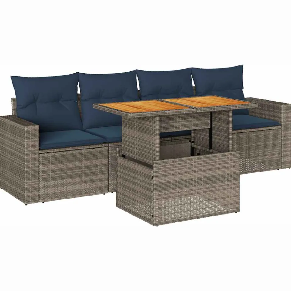 vidaXL 5-delige Loungeset met kussens poly rattan grijs, foto 3