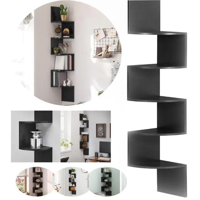 Buyya 5-Laags Hoekwandplanken, Fotoplank Displayrek, Boekenrek, Ruimtebesparende Zigzag-Opbergruimte Zwart