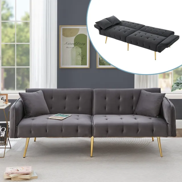 DESMIU Slaapbank 178 Cm - 2-Zits Met Verstelbare Rugleuning En Armleuningen - Voor Woonkamer En Logeerkamer - Velvet - Antracietgrijs Antique Gray