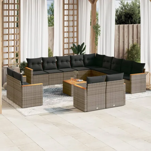 vidaXL 14-delige Loungeset met kussens poly rattan grijs, foto 2