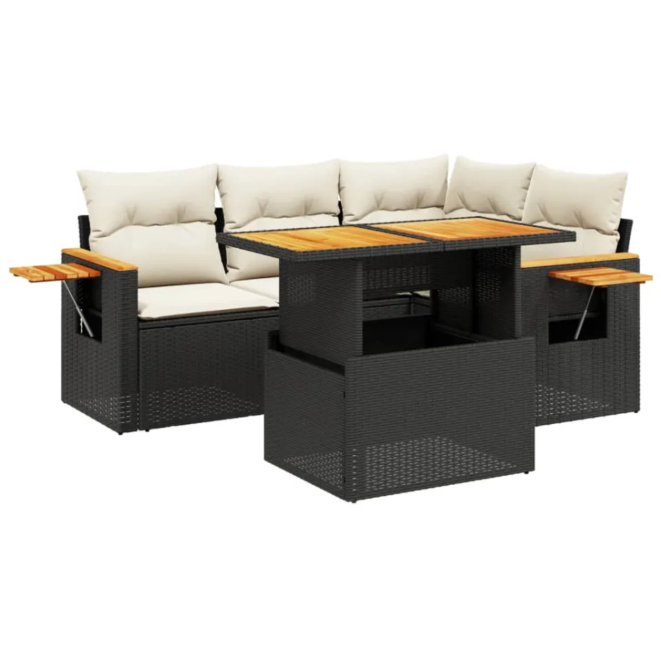 vidaXL 5-delige Loungeset met kussens poly rattan zwart, foto 3