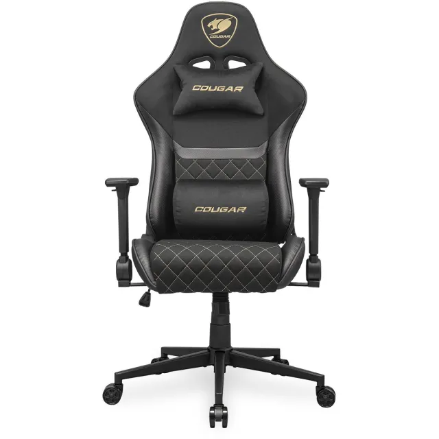 Cougar Armor One V2 Gold F, 4D opvouwbare armleuningen, PVC-leer, hoge rugleuning, lendenkussen, ondersteuning tot 120 kg - zwart Zwart;Goud