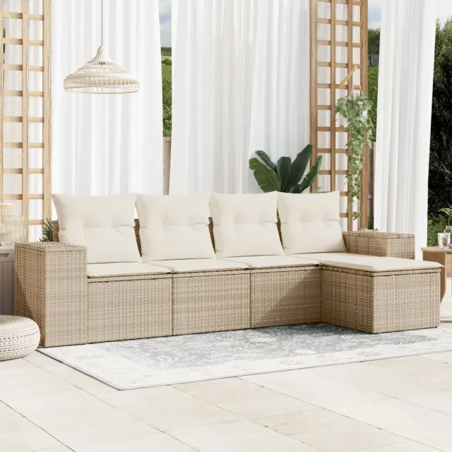 vidaXL 5-delige Loungeset met kussens poly rattan beige, foto 2