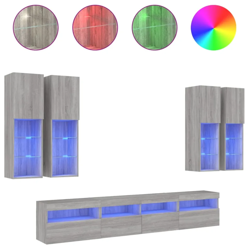vidaXL 7-delige Tv-wandmeubelset met LED-verlichting grijs sonoma, foto 4