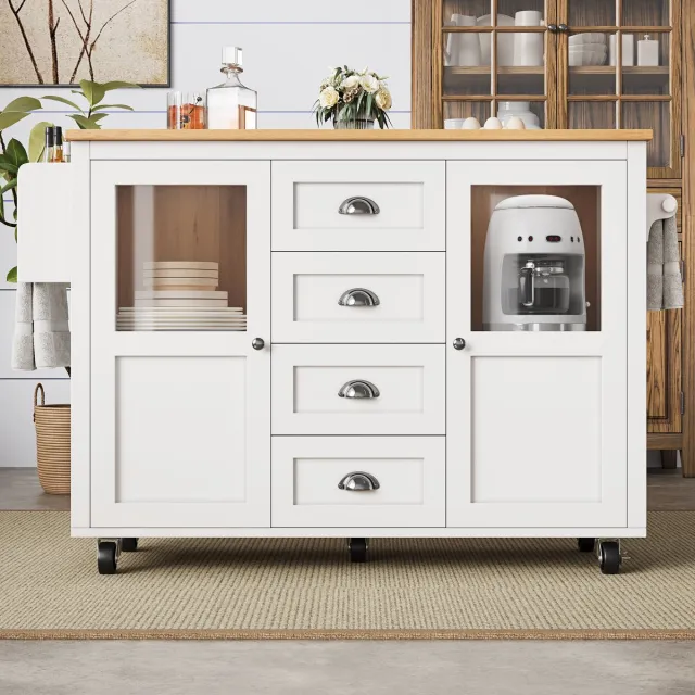STILVORA Keukeneiland Keukenkast Uitschuifbaar Met Klaptafel En 360 Graden Rollen - 4 Laden 2 Deuren Met Glas En Kruidenrek - MDF;Metaal - 137,9x73x92,5 cm - Wit