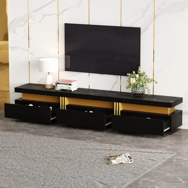REDOM TV-meubel 200x40x42 cm van spaanplaat, zwart met marmerlook blad, modern ontwerp met 3 lades en kabeldoorvoer