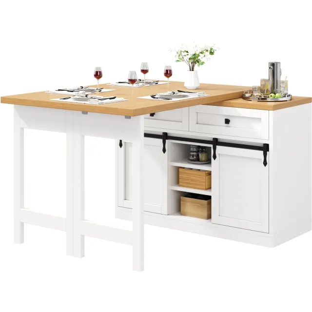 Sweiko Eettafel - Kast - Draaibaar uitschuifbaar tafelblad - 120–197 cm - Schuifdeuren - 2 lades - Verstelbare planken - Wit + Naturel (zonder stoelen)