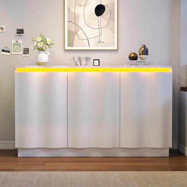 VVBV Dressoir 120x35x69,5 cm - Wit - Dressoirkast met Bluetooth RGB LED Verlichting - 3 Deuren met Soft-Close en Golfpatroon