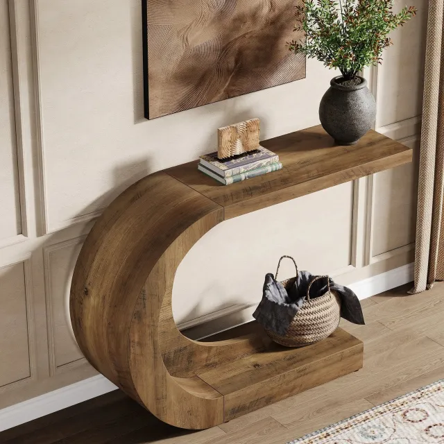 Prime Homely Prime Home Haltafel - Consoletafel - Inkomhal - Hal-instaptafel - C-vormig - Hout - 110 × 35 × 75 cm - Bruin