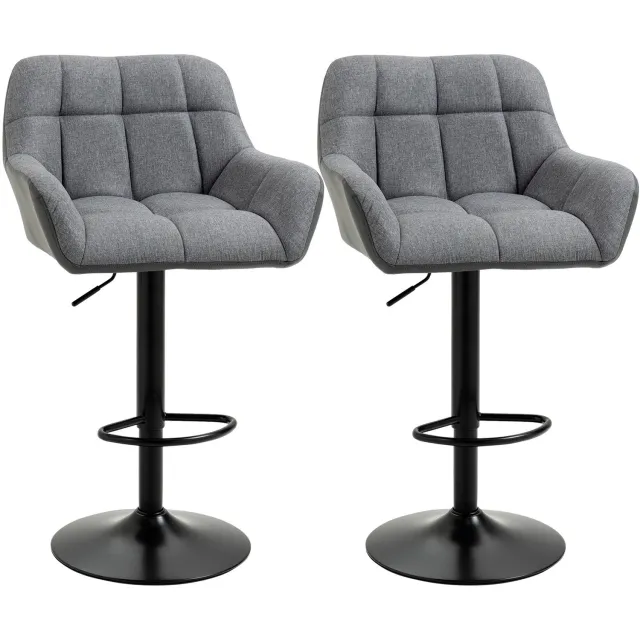 Homona Barkrukken - Set van 2 - In hoogte verstelbaar en 360° draaibaar - Met rugleuning en voetsteun - Kunstleer en linnenlook - 57,5 x 52,5 x 93-114 cm - Grijs/Zwart