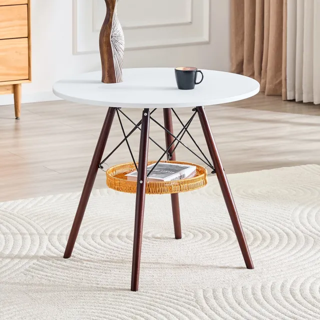 HAUSS SPOLE Eettafel - Ronde Tafel Met Opbergmand - Voor Eethoek En Balkon - Massief Hout En MDF - 80 Cm - Wit Walnoot Wit En Walnootkleur
